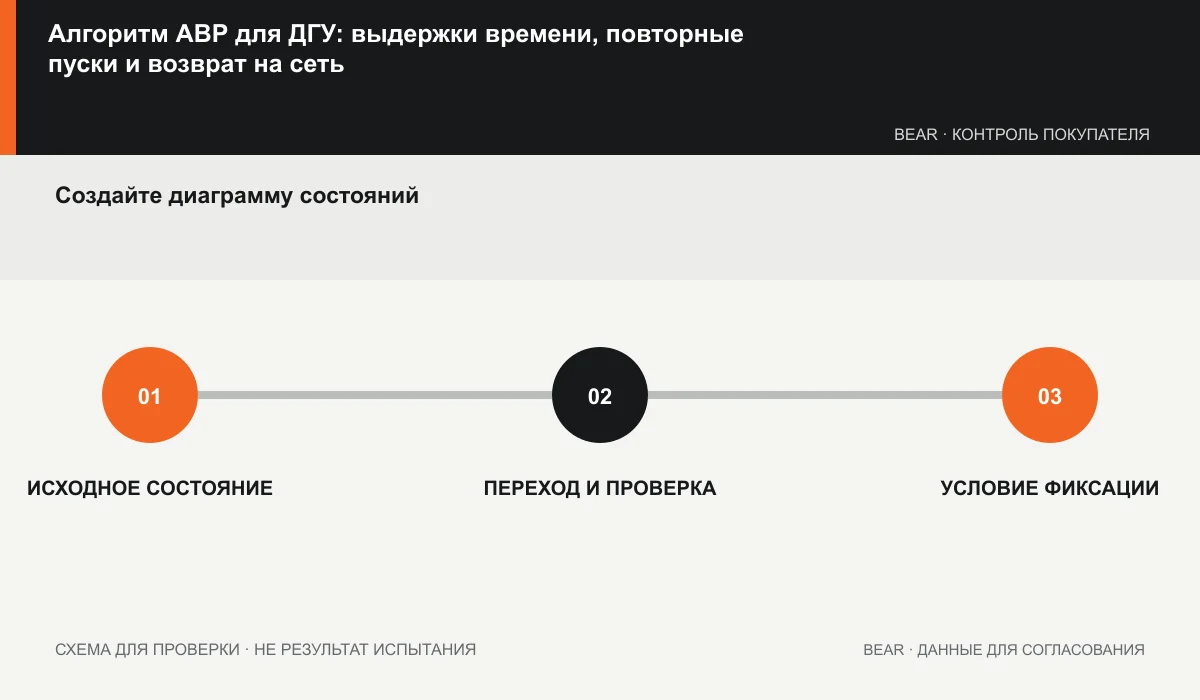 Диаграмма состояний АВР: пуск, переключение, возврат и отказ