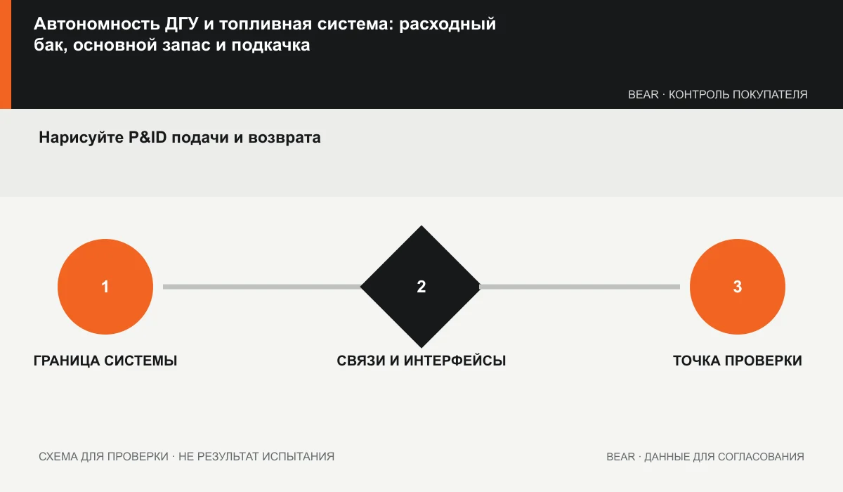Схема подачи и возврата топлива с расходным баком, основным запасом, насосом и сигнализацией