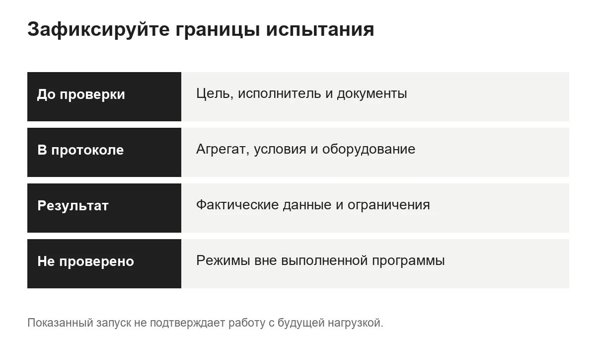 Четыре строки границ испытания: подготовка, протокол, результат и непроверенные режимы.