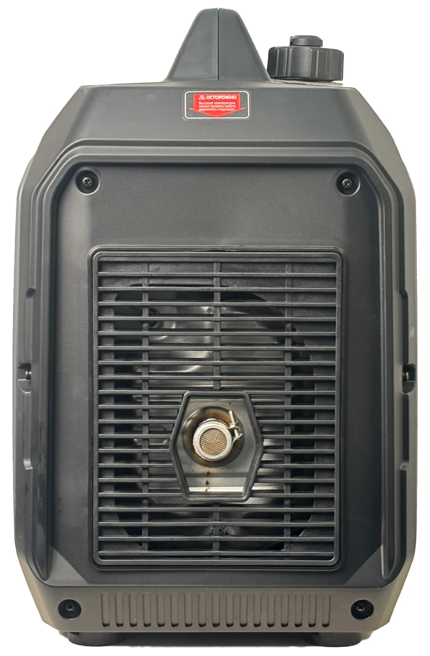 Сторона выхлопа инверторного генератора BEAR H-C-4500-A: решётка охлаждения, выход глушителя и красная предупреждающая табличка над ней