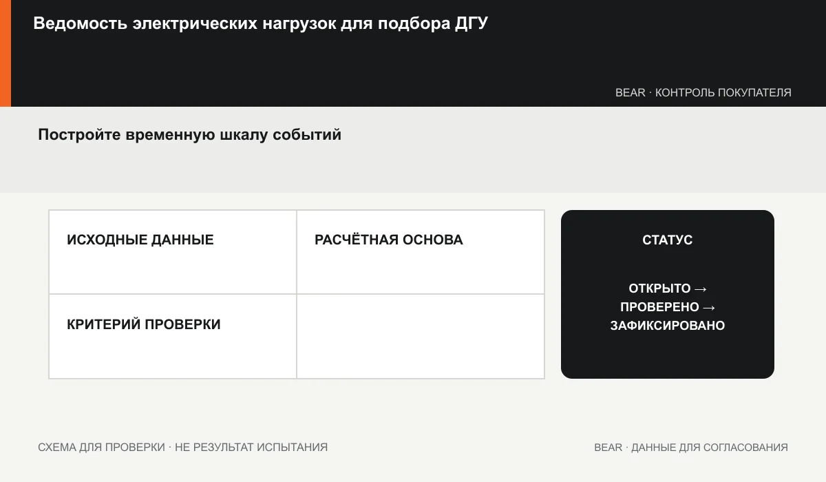 График нагрузки генератора с рабочими сценариями и пусками на общей шкале времени
