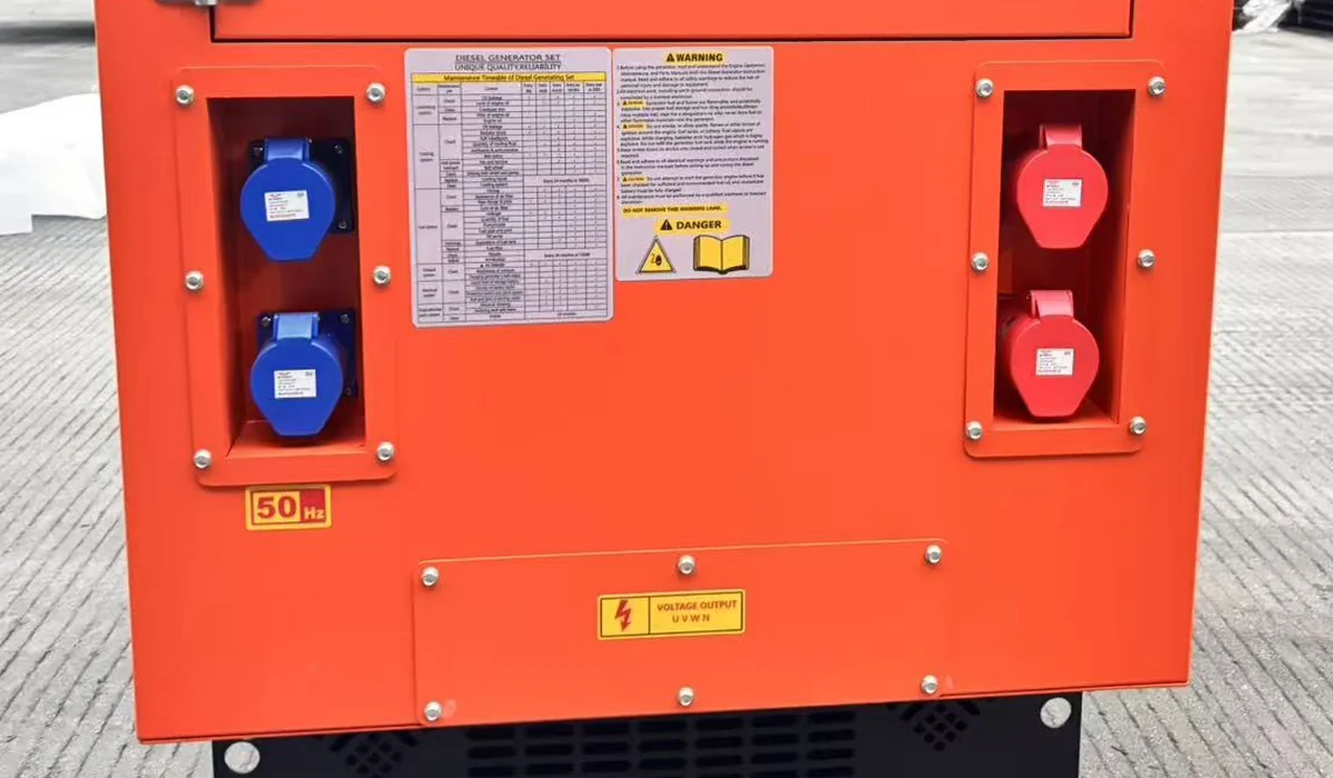 Две синие и две красные промышленные розетки на торце кожуха SG 30 кВт, табличка 50 Гц и крышка клеммной панели