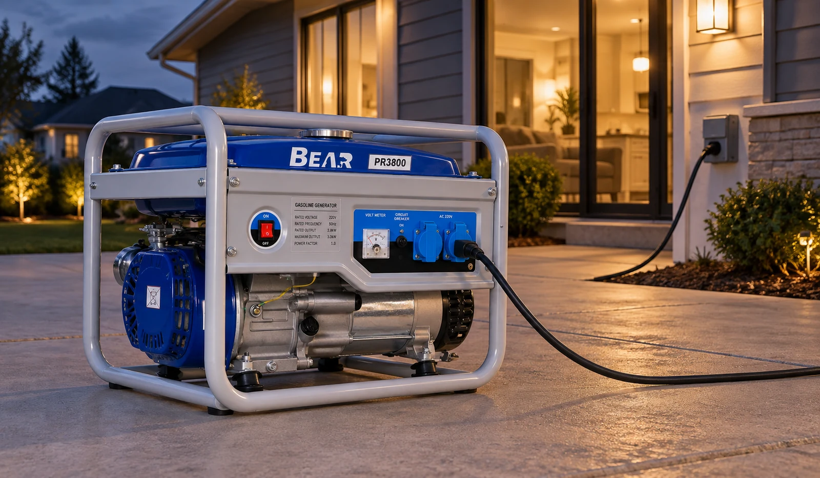 Сине-серый генератор BEAR PR3800 на мощёной площадке возле дома в сумерках