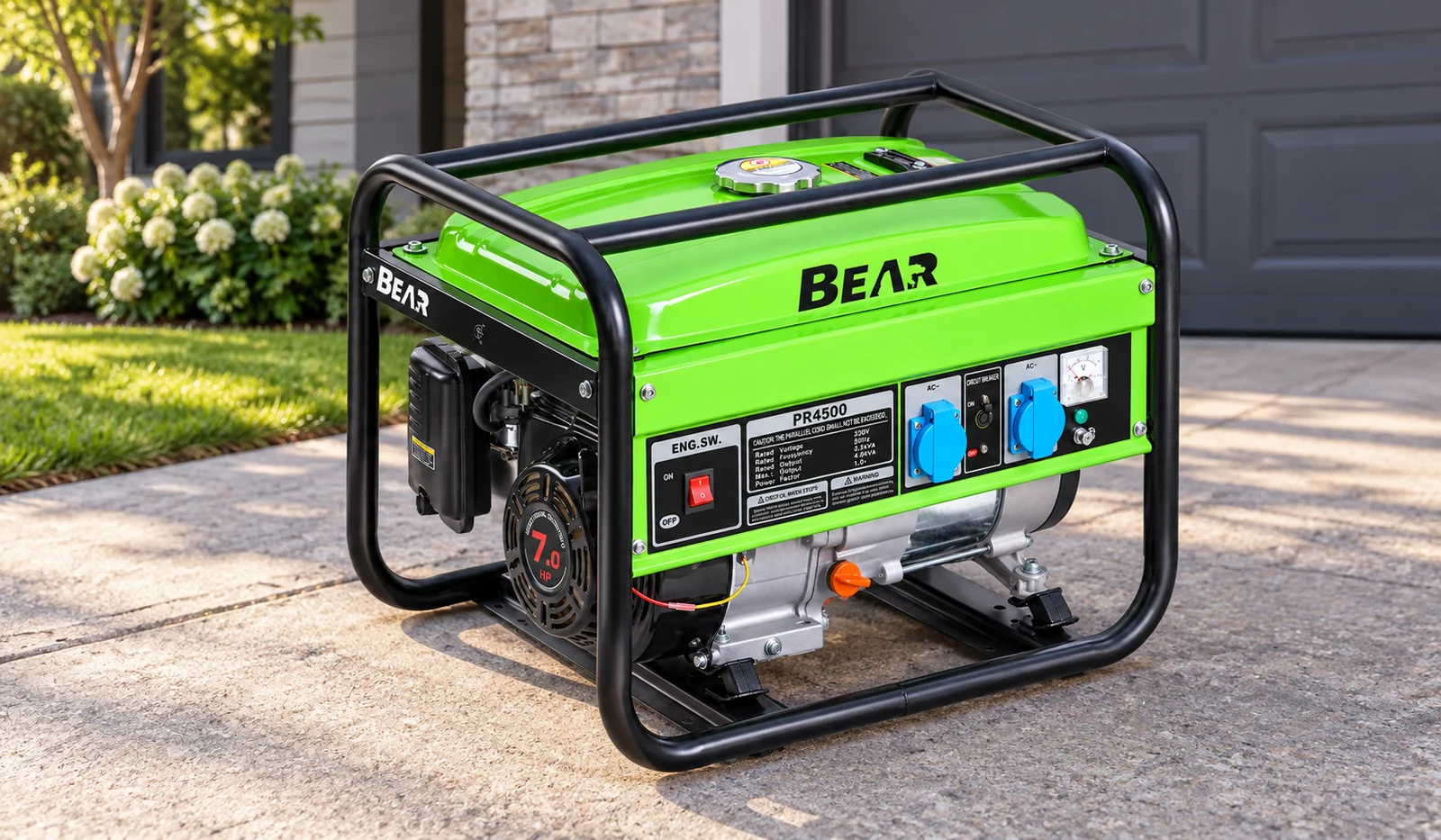 Зелёный генератор BEAR PR4500 на мощёной площадке: вид спереди и сбоку