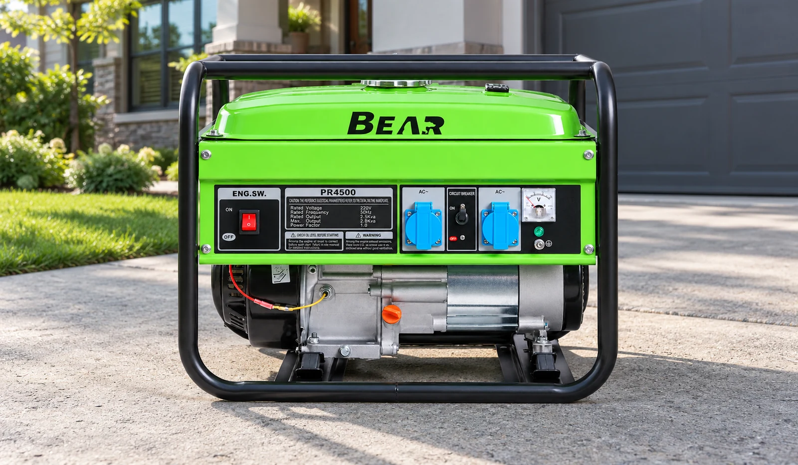 Зелёный генератор BEAR PR4500 на мощёной площадке: вид спереди