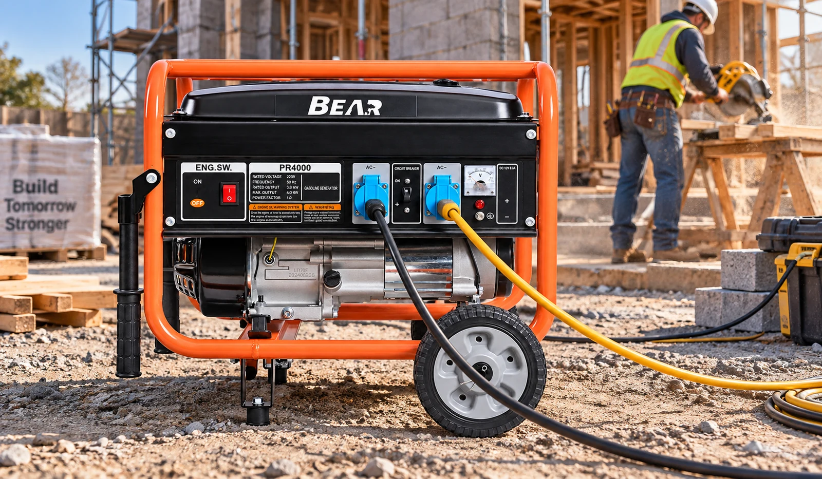 Оранжево-чёрный генератор BEAR PR6500 на колёсах на открытой строительной площадке