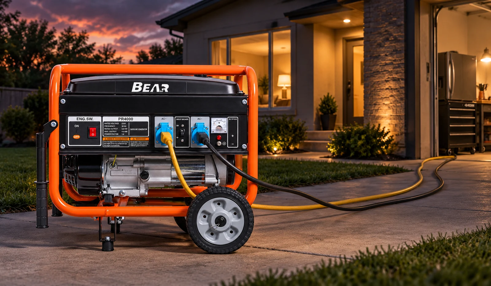Оранжево-чёрный генератор BEAR PR6500 на колёсах на подъездной дорожке в сумерках