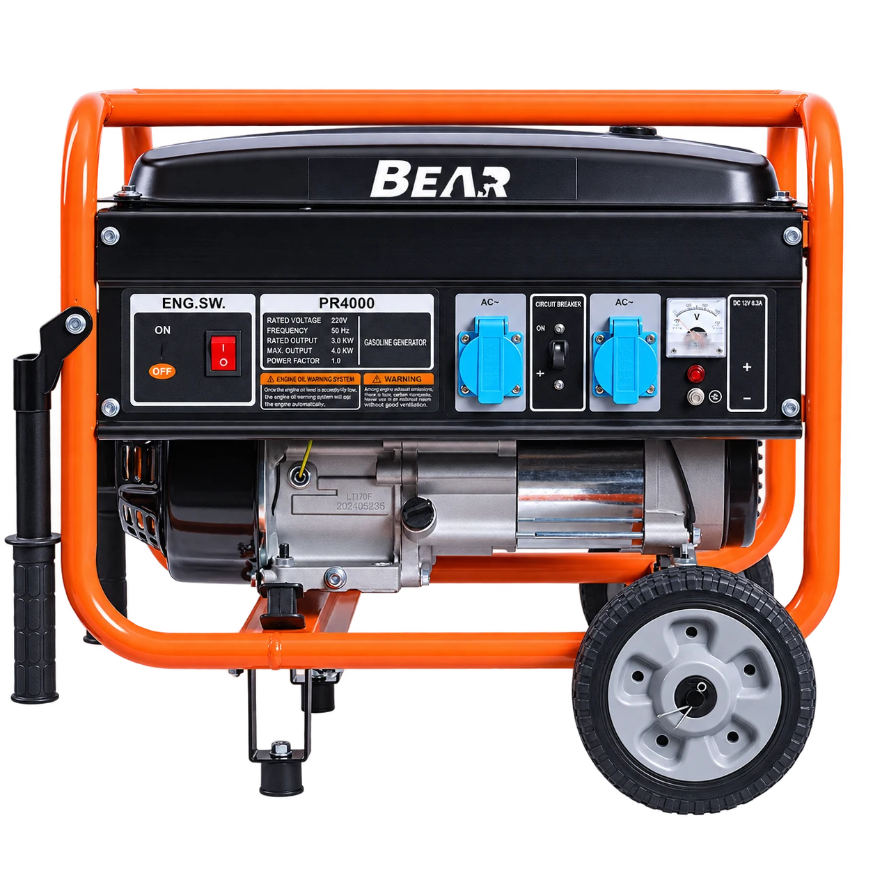 Оранжево-чёрный генератор BEAR PR6500 на колёсах: вид спереди